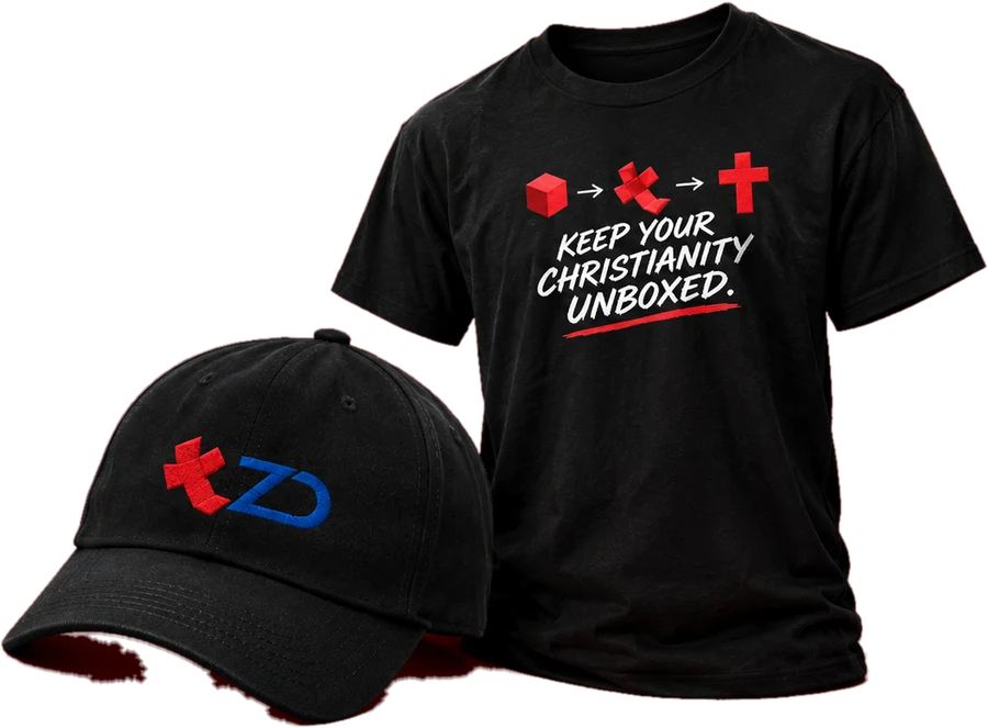 Black ZANY Discipleship cap with the red cross and blue ZD logo, and a black T-shirt reading Keep Your Christianity Unboxed