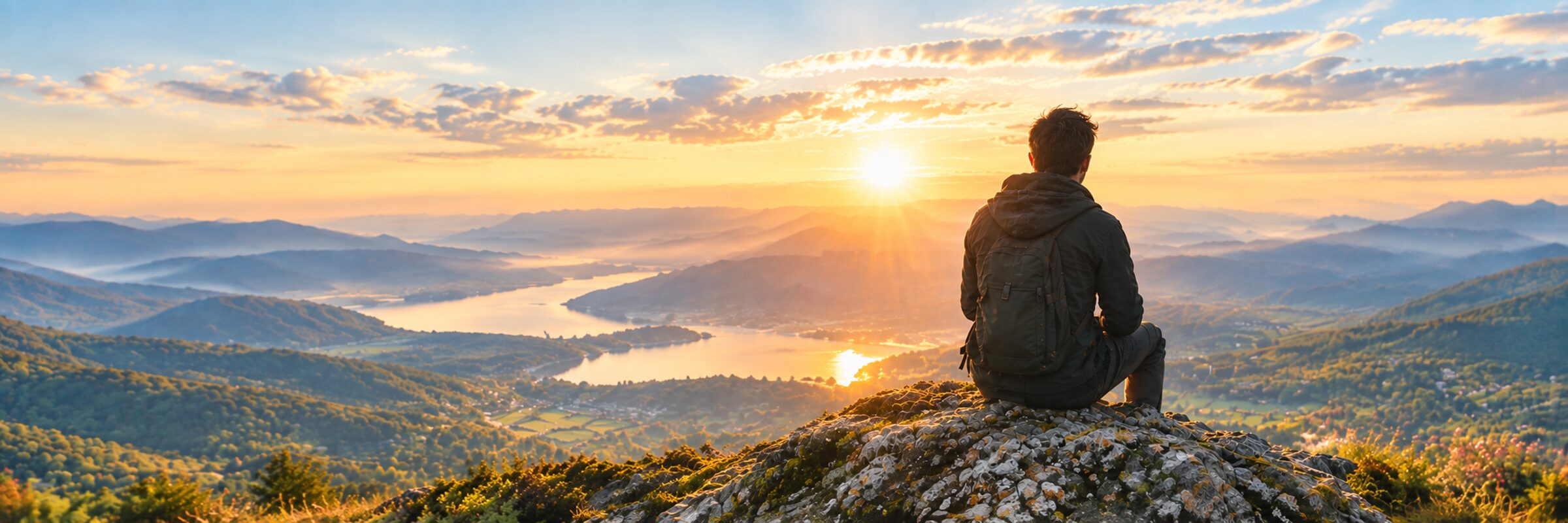 A hiker stands on a mountain ridge at sunrise, looking out over the clouds