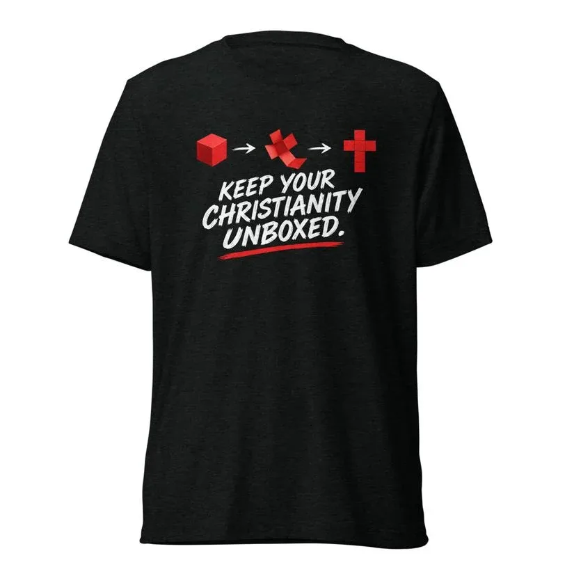 Keep Your Christianity Unboxed T-shirt with the ZANY Discipleship box-to-cross design